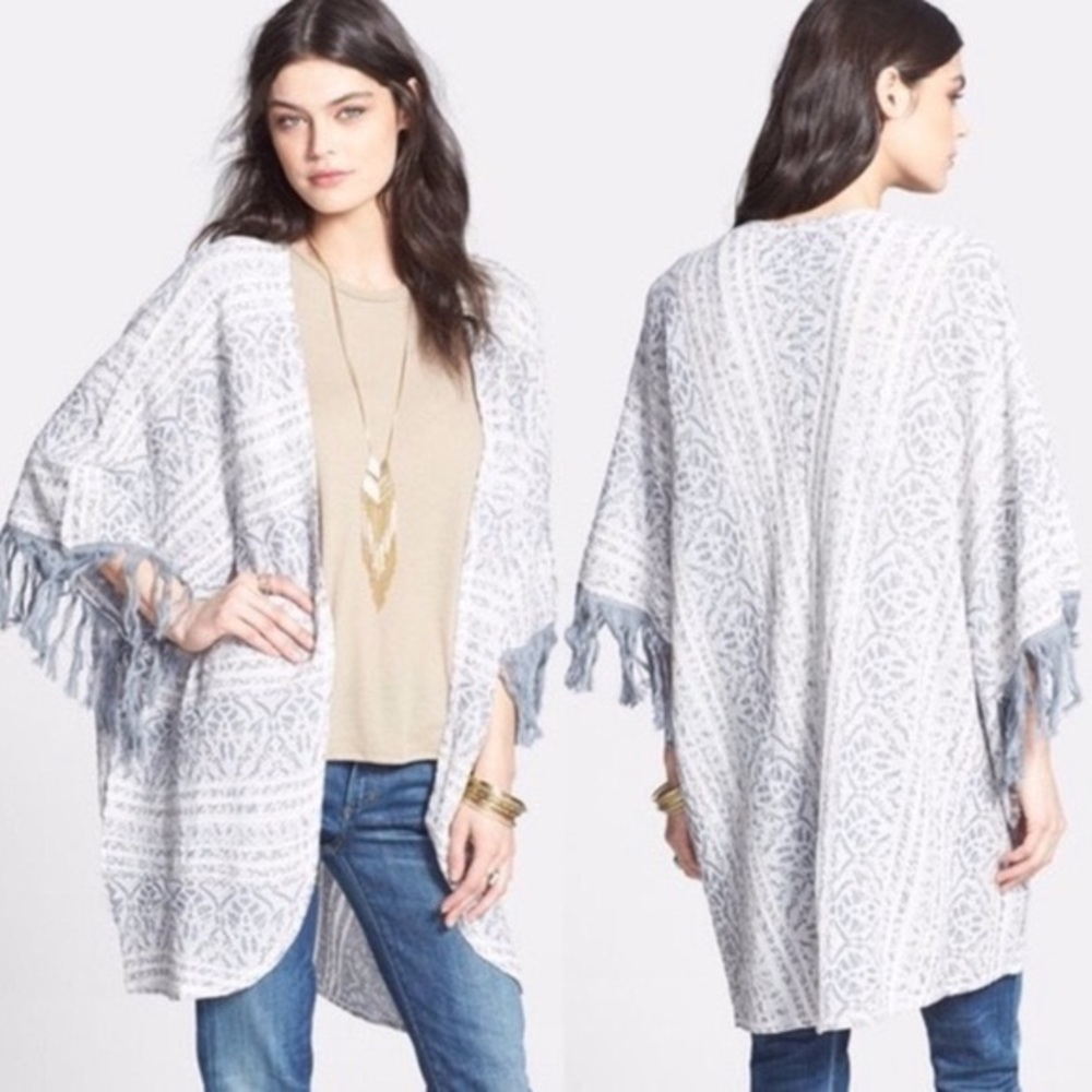 Free People White and Light Gray Patterned Fringe Wrap
